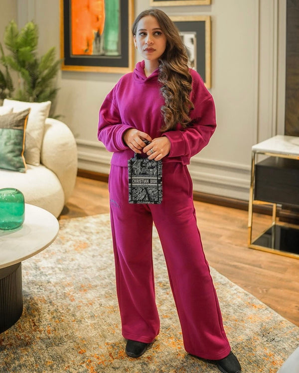 Dark Fuschia Cropped Hoodie with Wide Leg Pants