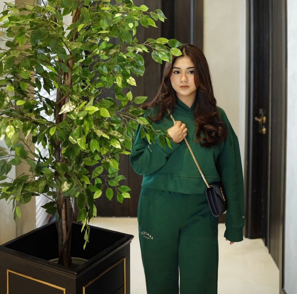 Emerald Green Cropped Hoodie with Wide Leg Pants