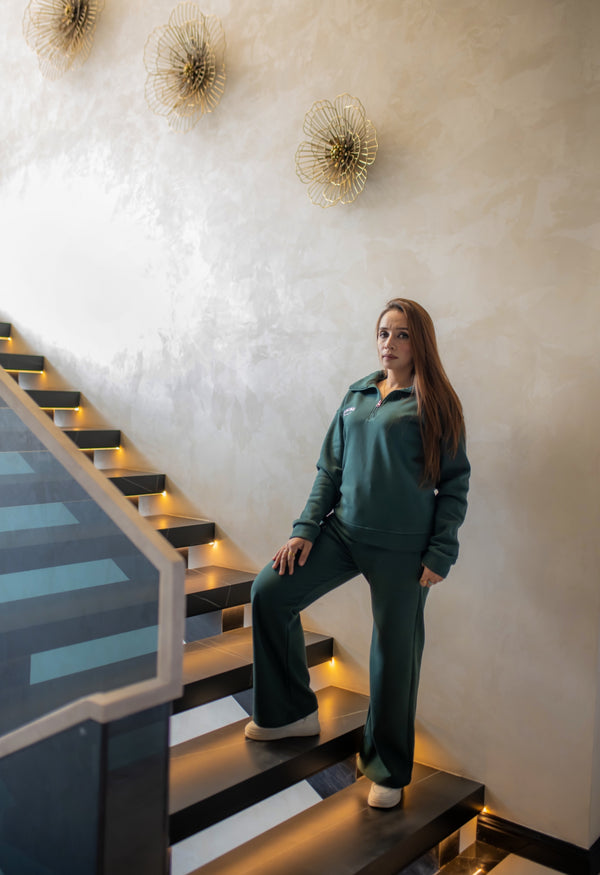 Emerald Green Half Zipper with Wide Leg Pants