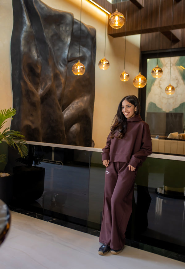 Dark Brown Cropped Hoodie with Wide Leg Pants