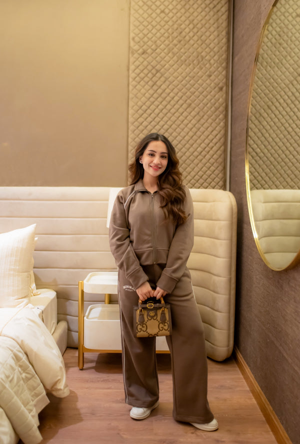 Mocha Cropped Zipper with Wide Leg Pants