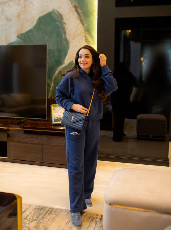Navy Blue Cropped Hoodie with Wide Leg Pants
