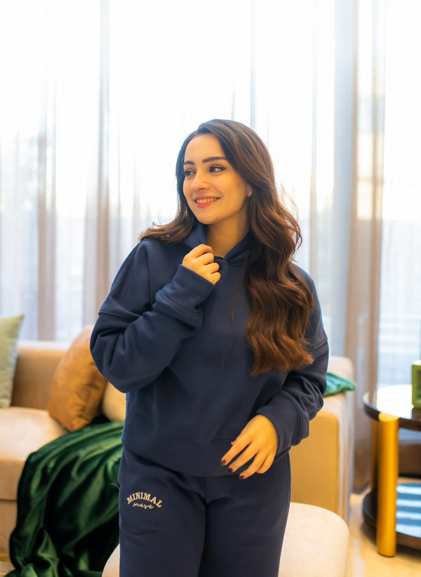 Navy Blue Cropped Hoodie with Wide Leg Pants