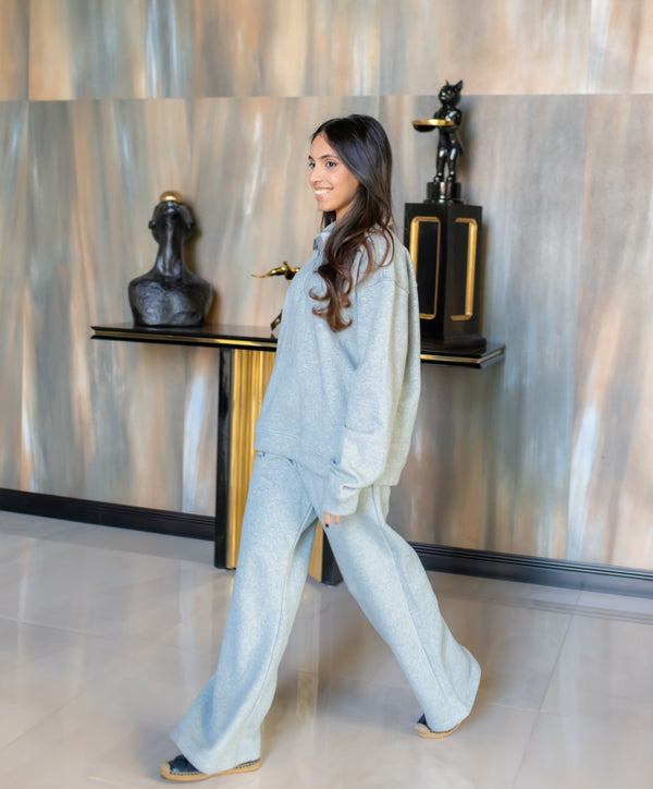 Light Grey Half Zipper with Wide Leg Pants