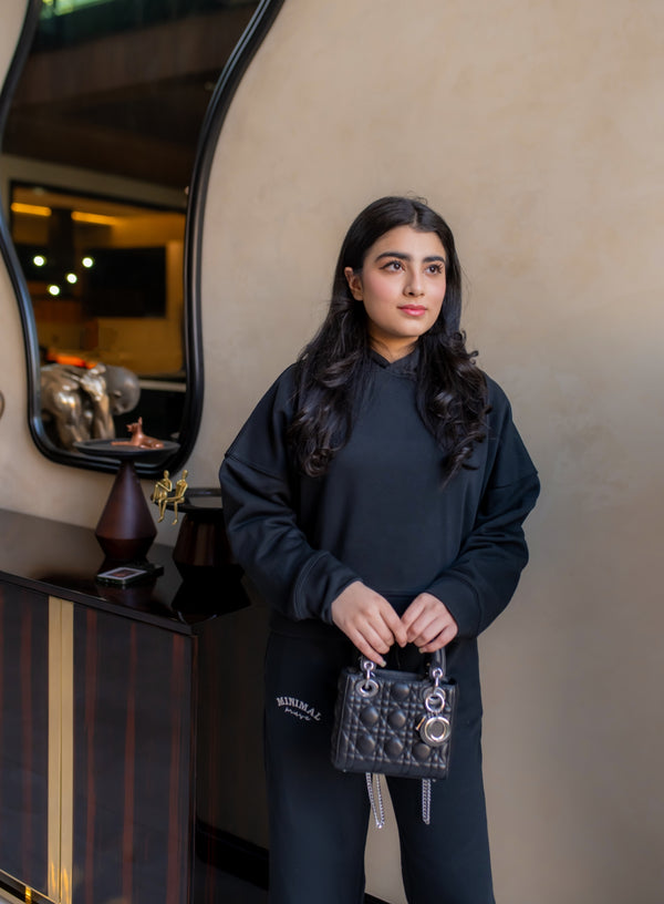 Black Cropped Hoodie with Wide Leg Pants