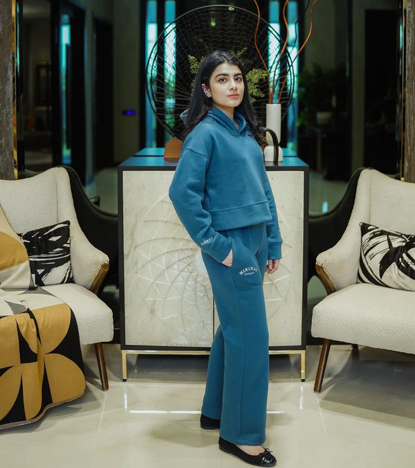 Steel Blue Cropped Hoodie with Wide Leg Pants