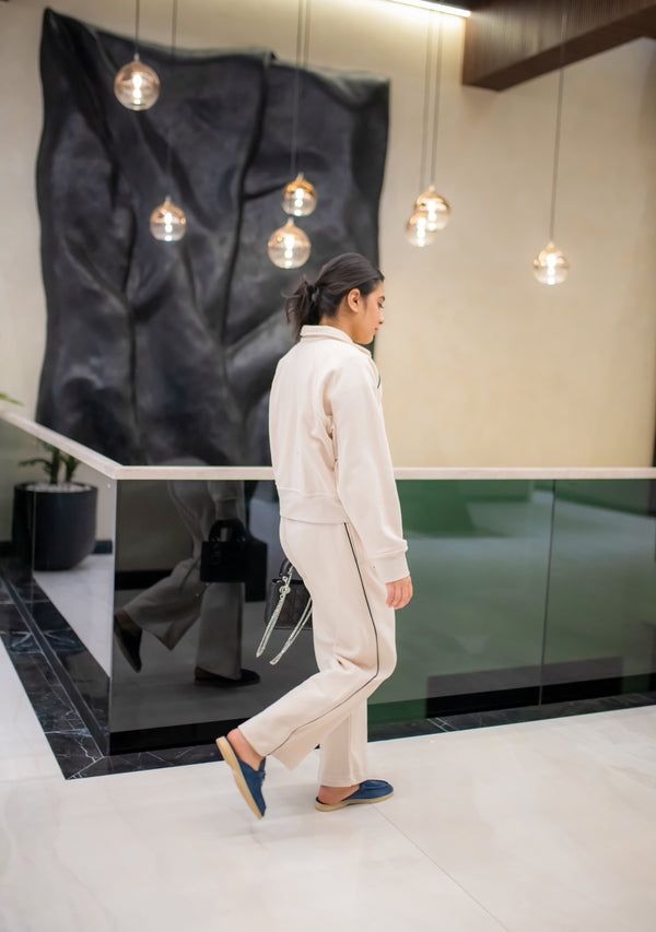 Eggshell White Cropped Zipper with Wide Leg Pants