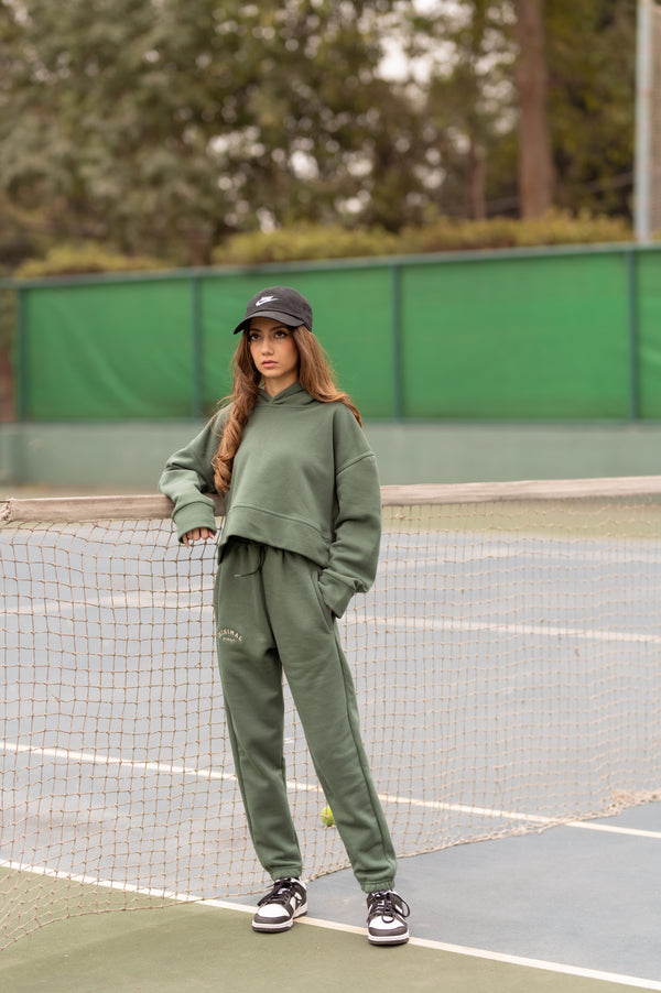 Army Green Cropped Hoodie with Sweatpants