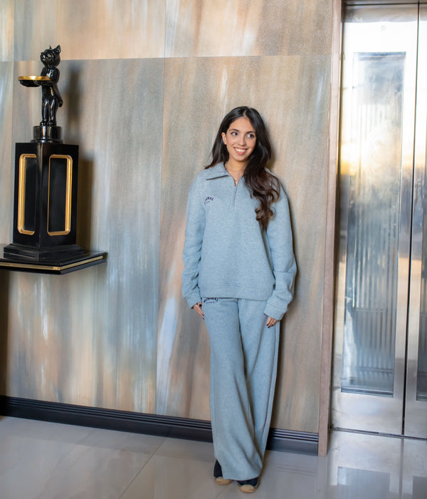 Light Grey Half Zipper with Wide Leg Pants