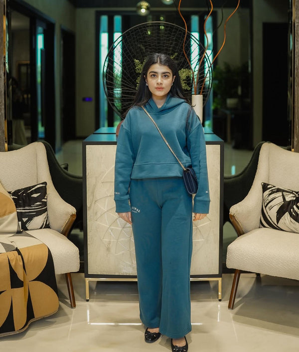 Steel Blue Cropped Hoodie with Wide Leg Pants